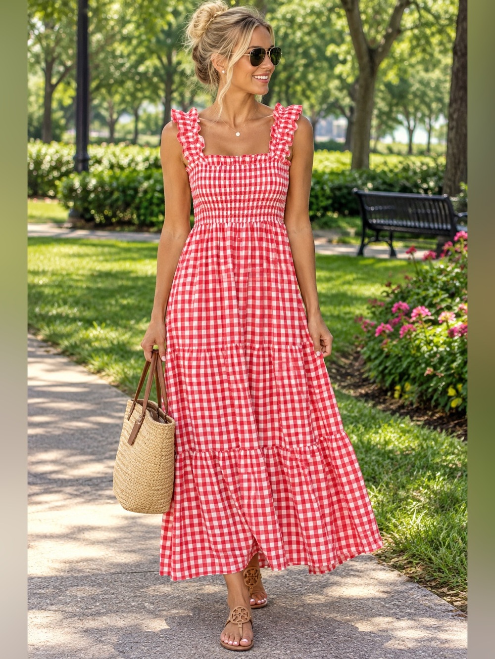 ChouYatou ~ Checked Red Gingham Maxi Dress with Smocked Bodice NWT - L
